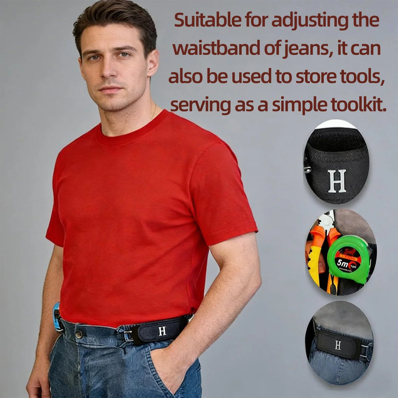 Man wearing a red shirt with a product feature description and images of the product on a gray background.