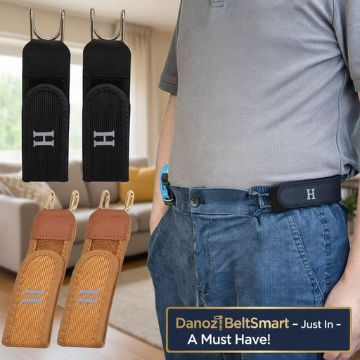 Black and brown belt loops with a visible brand logo, one worn by a person.
