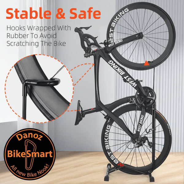 Bicycle stand with bike on a wooden floor, highlighting stability and safety features.
