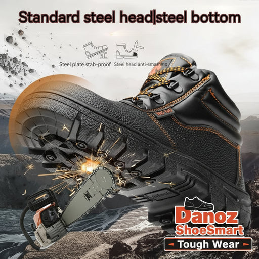 Black safety boot with steel plate and anti-smashing steel head, cutting through metal with sparks.