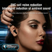 Woman wearing a wireless earbud with text about ENC call noise reduction.
