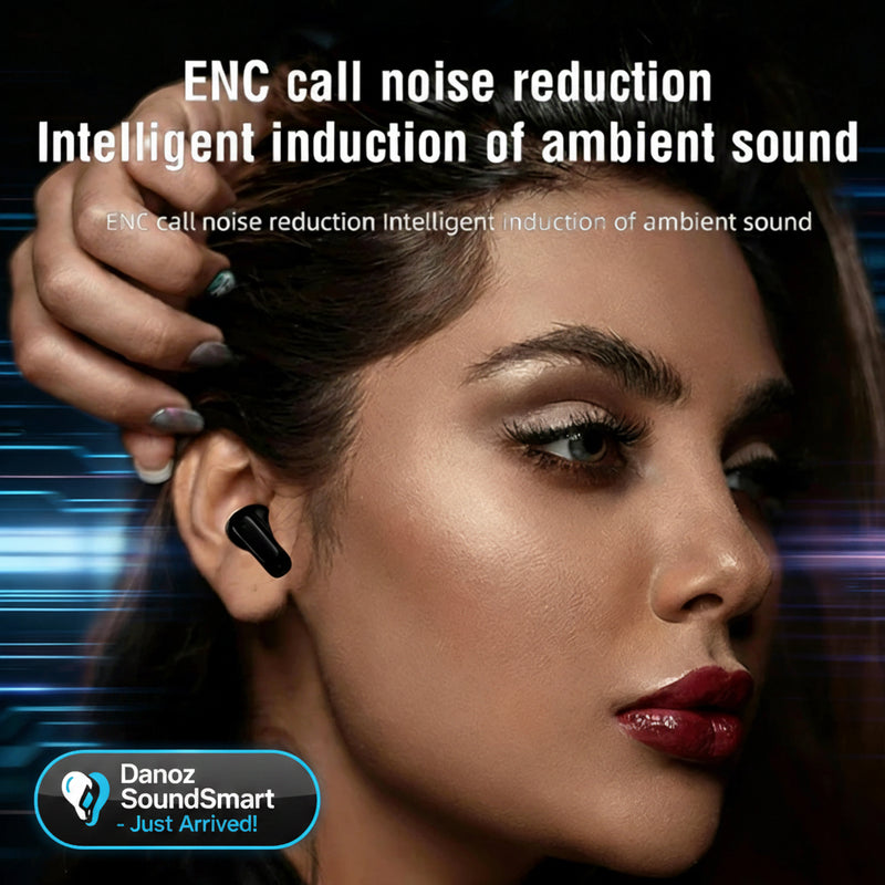 Woman wearing a wireless earbud with text about ENC call noise reduction.