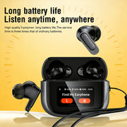 Black wireless earbuds with charging case on a yellow background