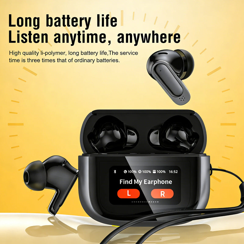 Black wireless earbuds with charging case on a yellow background