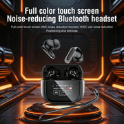 Noise-reducing Bluetooth headset with full-color touch screen and charging case on a futuristic background