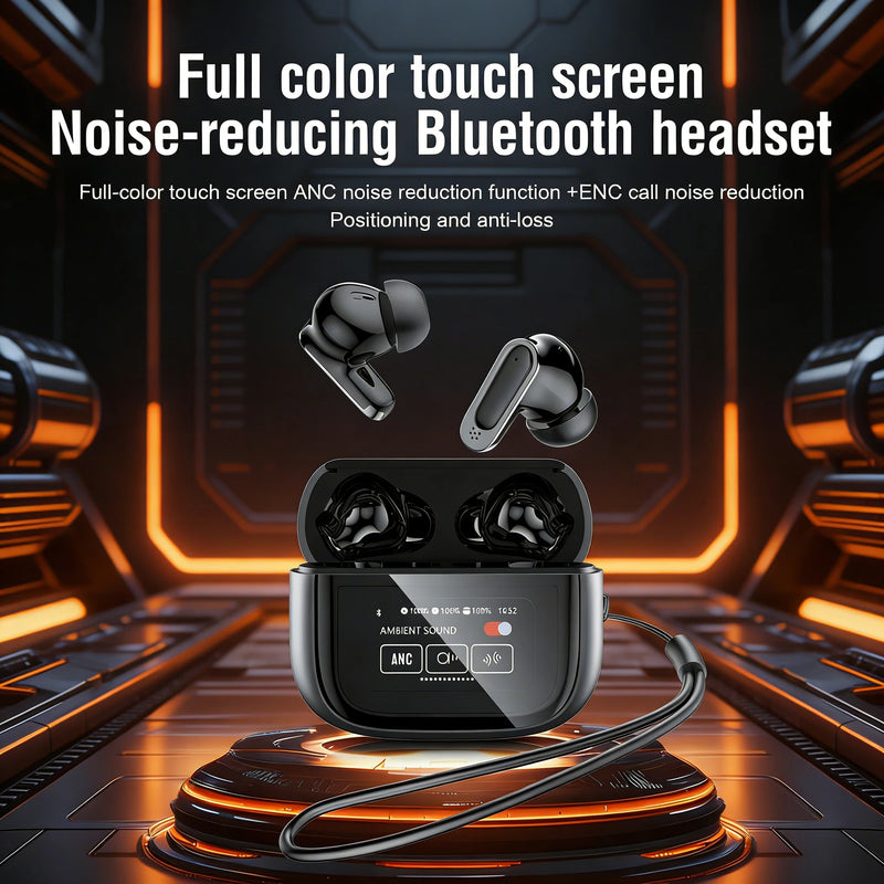 Noise-reducing Bluetooth headset with full-color touch screen and charging case on a futuristic background
