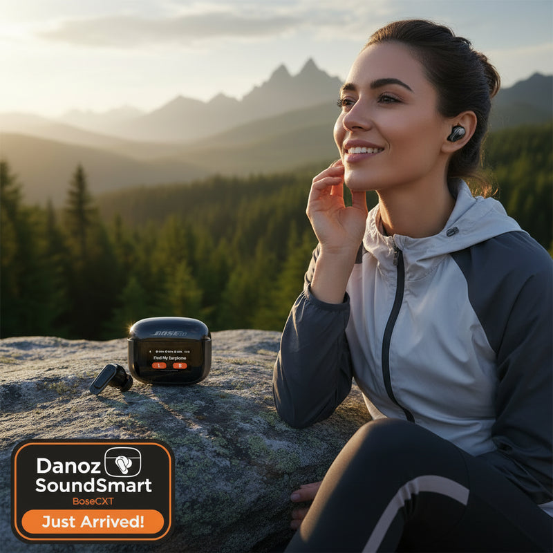 Bose wireless earbuds with charging case on a white background