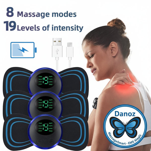 Electromagnetic therapy device with digital display and USB cable, used for muscle pain relief.
