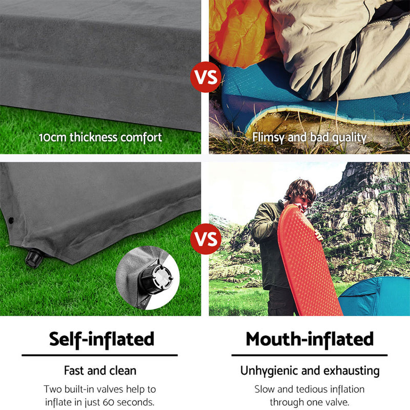 Danoz Camping - Weisshorn Self Inflating Mattress 10CM Camping Sleeping Mat Air Double Grey