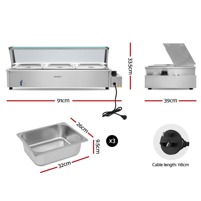 Danoz Appliances - Devanti Commercial Food Warmer Bain Marie 3 Electric Buffet Pans