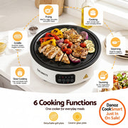 A Devanti electric grill shown on a white countertop with food cooking inside. Surrounding callouts label six cooking functions: frying, cooking, griddle, steaming, slow cooking, and sauteing, with small food examples.