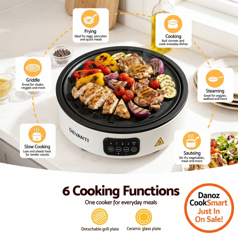 A Devanti electric grill shown on a white countertop with food cooking inside. Surrounding callouts label six cooking functions: frying, cooking, griddle, steaming, slow cooking, and sauteing, with small food examples.