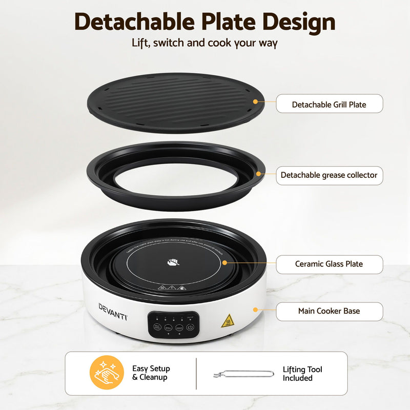 🍳 Danoz CookSmart | Devanti Ceramic Cooktop | 2000W Electric Hot Plate | Detachable Grill | 6 Cooking Functions | Countertop | White