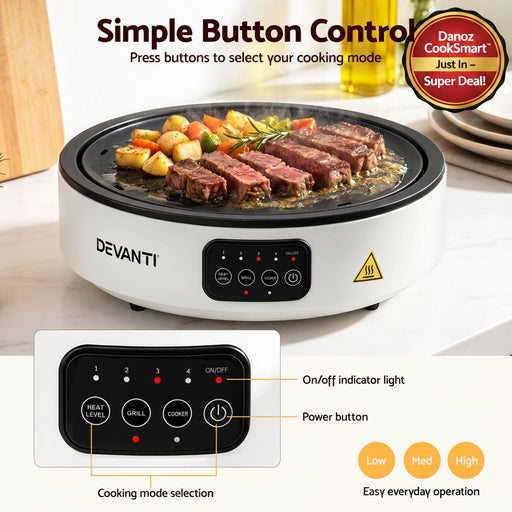 A Devanti electric grill with steak cooking on top, shown with a close-up inset of its button control panel and text explaining simple button control and cooking mode selection.