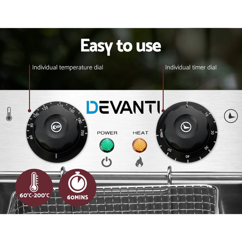 Danoz Kitchen - Devanti 20L Electric Commercial Deep Fryer Double Baskets 4400W Incl. Delivery