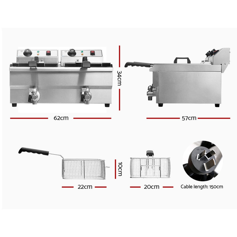 Danoz Kitchen - Devanti 20L Electric Commercial Deep Fryer Double Baskets Oil Taps 6000W