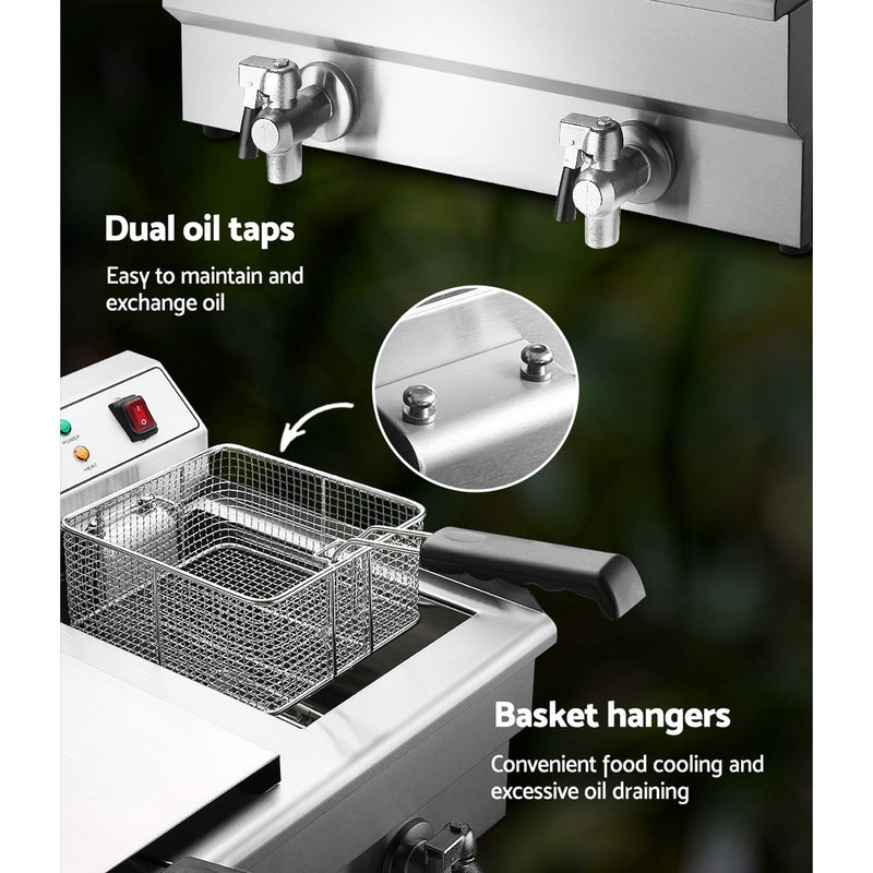 Danoz Kitchen - Devanti 20L Electric Commercial Deep Fryer Double Baskets Oil Taps 6000W