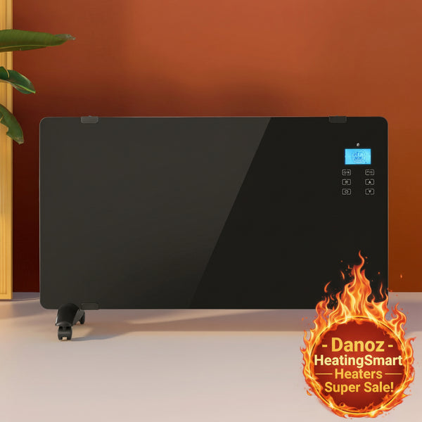 Black electric radiator with digital display on a neutral background