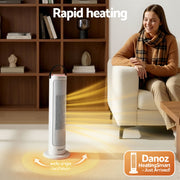 Woman sitting on a couch next to a portable heater with text 'Rapid heating' and 'wide-angle oscillation'.