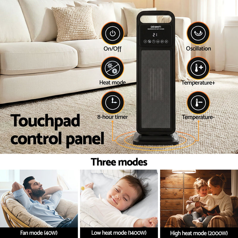Danoz HeatingSmart - Devanti 2000W Ceramic Tower Heater Space Heaters Indoor Oscillating Black
