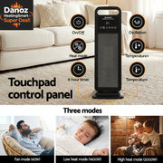 Portable space heater with touchpad control panel in a living room setting, showing different modes and features.