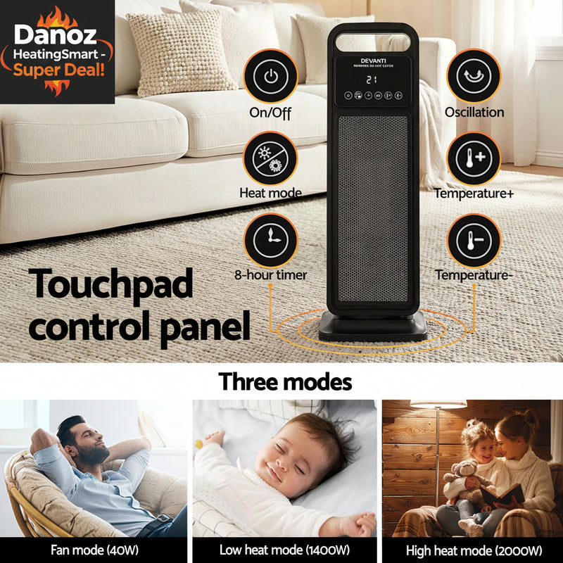 Portable space heater with touchpad control panel in a living room setting, showing different modes and features.
