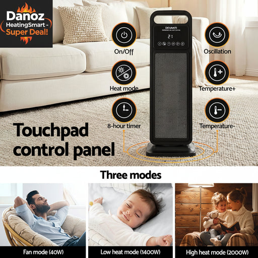Portable space heater with touchpad control panel in a living room setting, showing different modes and features.
