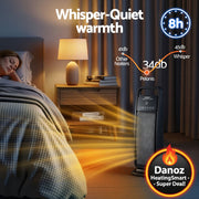 Pelonis heater emitting warmth in a bedroom with a woman sleeping, showing noise level comparison.