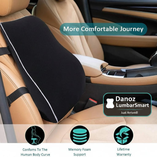 Car seat cushion with text 'More Comfortable Journey' on a beige car interior.