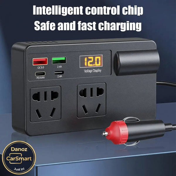 Black power adapter with digital display and red plug on a blue background