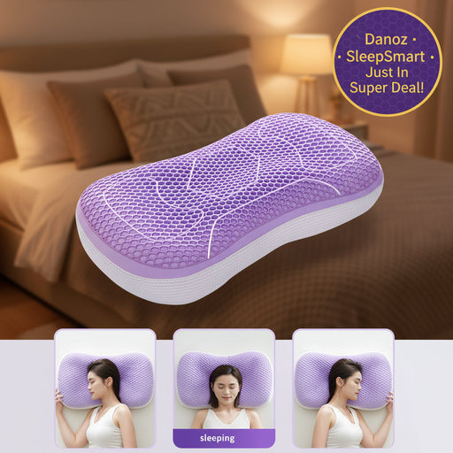 Purple cervical support pillow with labeled areas for different sleeping positions on a light purple background.