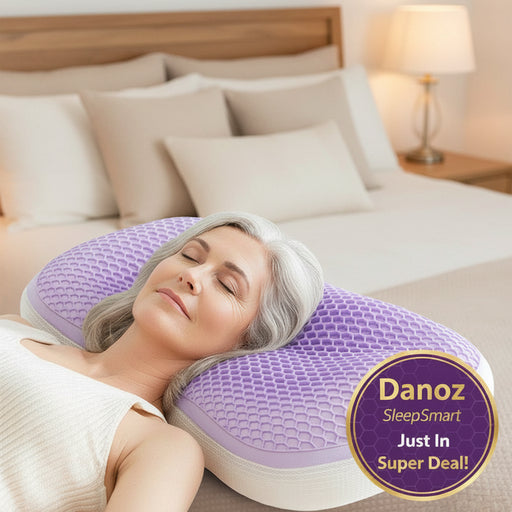 Danoz Woman using a Tpe pectin neck pillow with a purple background