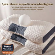 White pillow with blue accents on a beige surface, featuring text about quick rebound support.