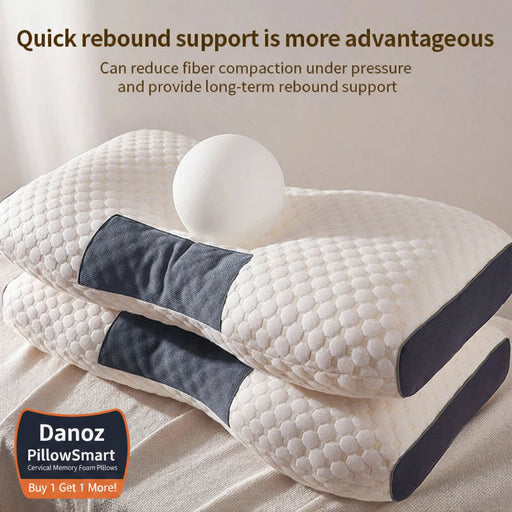 White pillow with blue accents on a beige surface, featuring text about quick rebound support.