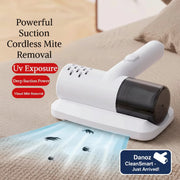 Cordless mite removal device with UV exposure feature on a carpet.