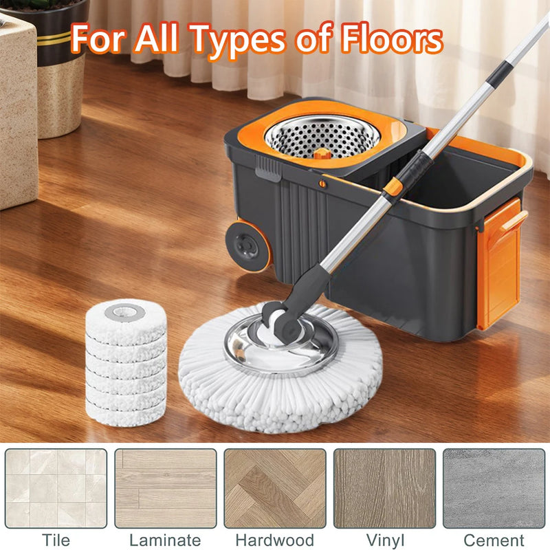 Mop and bucket system on a wooden floor with text 'For All Types of Floors' and flooring types below.