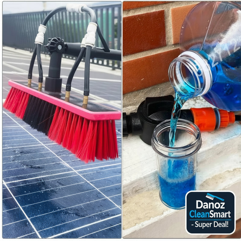 Cleaning brush on a solar panel and blue liquid being poured into a jar.