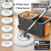 Mop set with mop head, spinning mop, and mop bucket on a white background