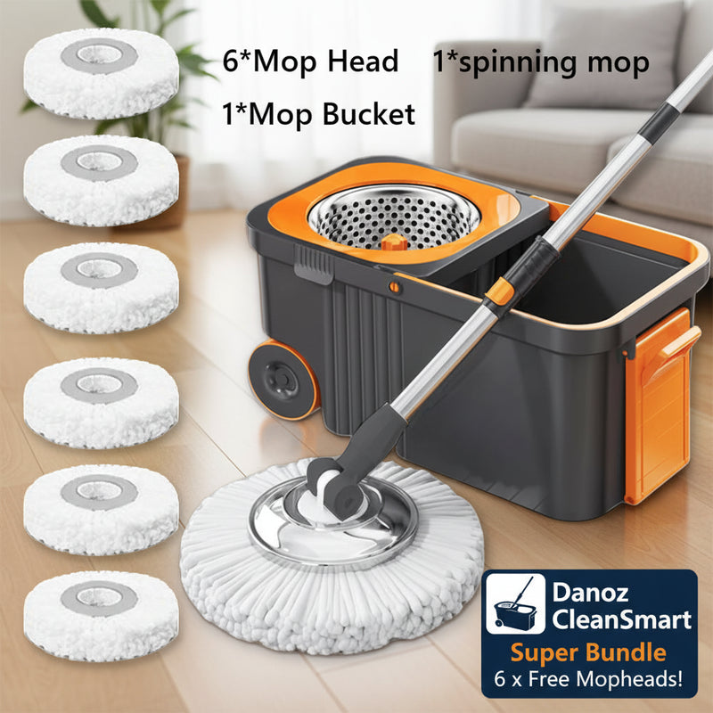 Mop set with mop head, spinning mop, and mop bucket on a white background
