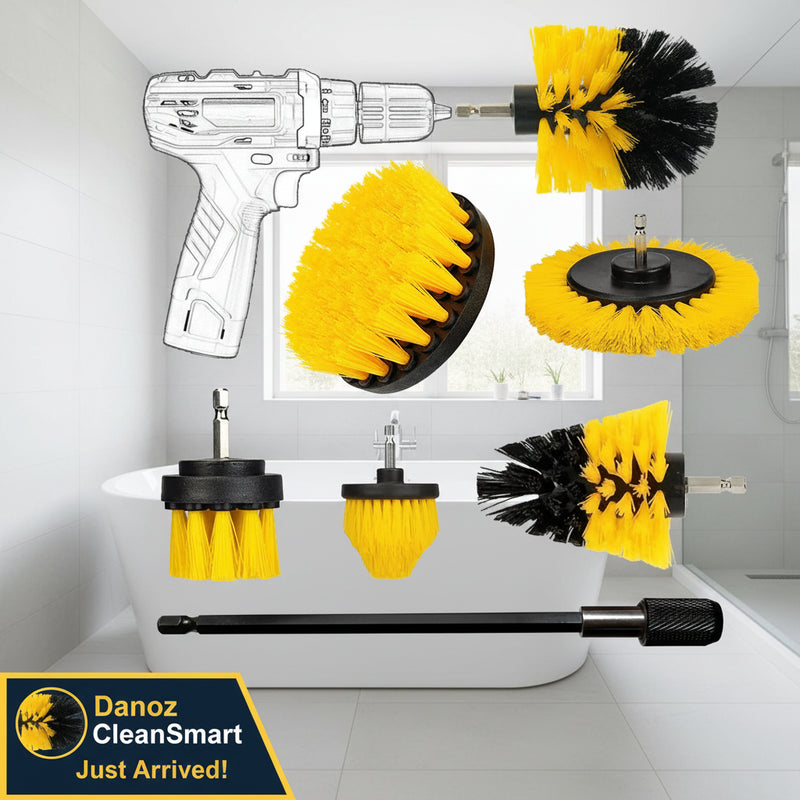 Set of cleaning brushes with a drill attachment on a white background