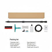 Packing list of a window cleaning tool set with telescopic pole, brush head, squeegee, and water hose on a white background.