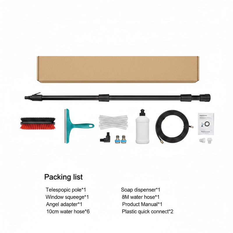 Packing list of a window cleaning tool set with telescopic pole, brush head, squeegee, and water hose on a white background.