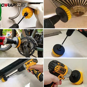 Collage of a power drill with a brush attachment used for cleaning various surfaces.