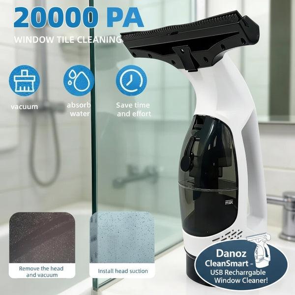 Window cleaning device with squeegee and vacuum functions on a bathroom background