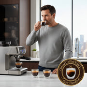Four 80ML double-walled glass coffee cups filled with coffee on a white background.