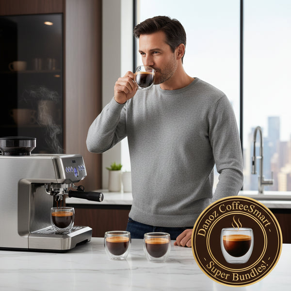 Four 80ML double-walled glass coffee cups filled with coffee on a white background.