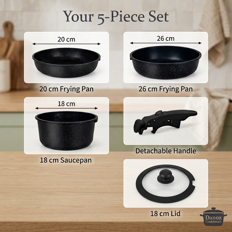 🍳 Danoz CookSmart - FlavorStone 5-Piece Non-Stick Cookware Set | Detachable Handle & Stackable Storage | Black or White | Free Postage!