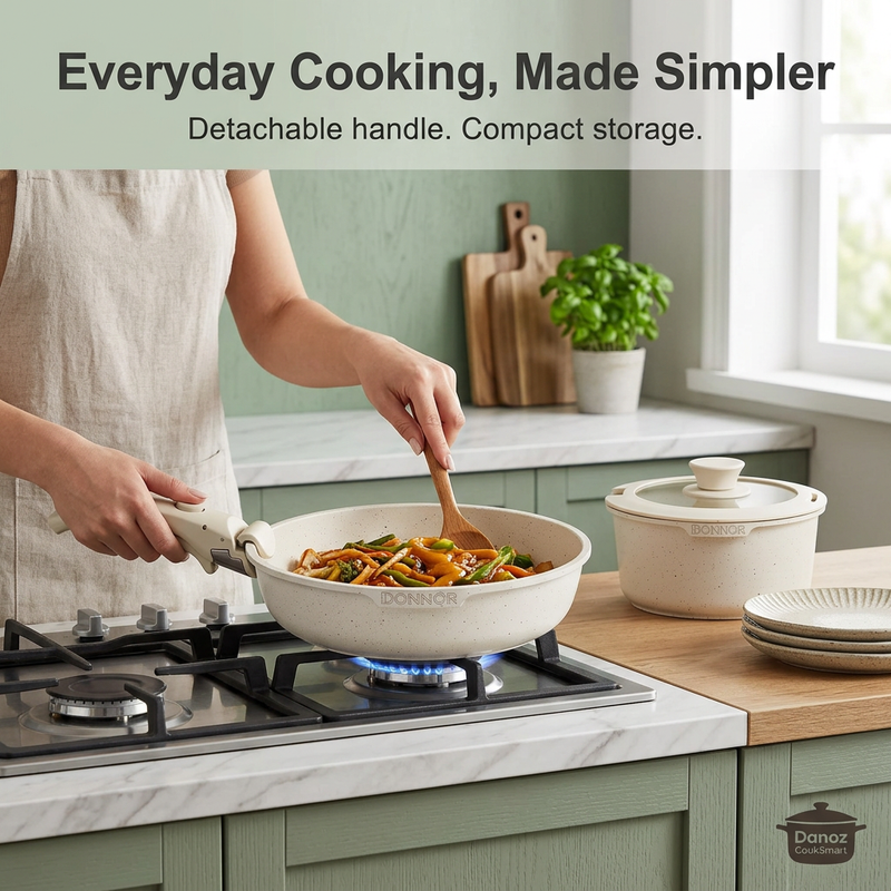 🍳 Danoz CookSmart - FlavorStone 5-Piece Non-Stick Cookware Set | Detachable Handle & Stackable Storage | Black or White | Free Postage!
