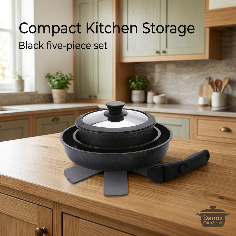 🍳 Danoz CookSmart - FlavorStone 5-Piece Non-Stick Cookware Set | Detachable Handle & Stackable Storage | Black or White | Free Postage!