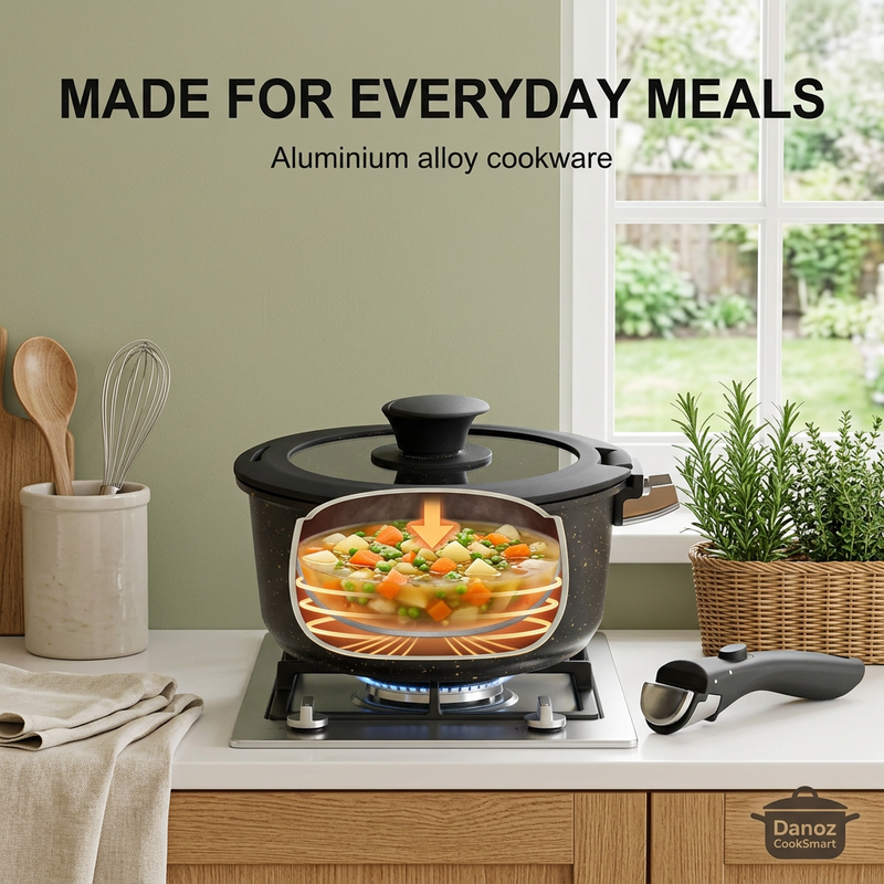 🍳 Danoz CookSmart - FlavorStone 5-Piece Non-Stick Cookware Set | Detachable Handle & Stackable Storage | Black or White | Free Postage!